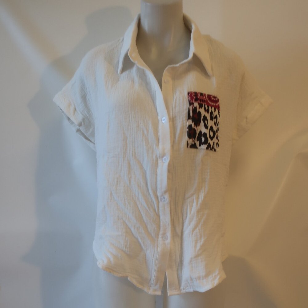 NWT Womens Romi Basha White "Michelle" Leopard & Paisley Button Down Shirt S***